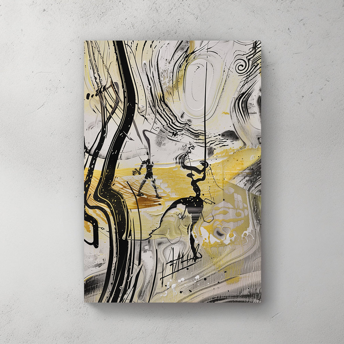 Unique abstract wall art with black lines and golden swirls in a dynamic fluid design.