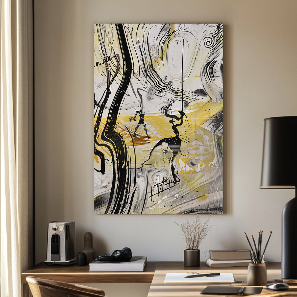 Unique abstract wall art with black lines and golden swirls in a dynamic fluid design.