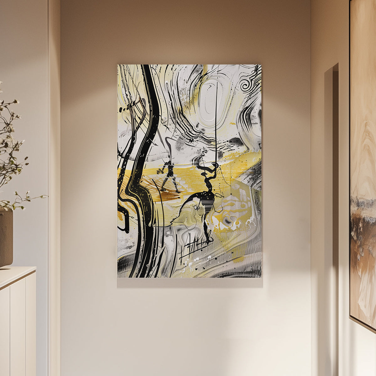 Unique abstract wall art with black lines and golden swirls in a dynamic fluid design.