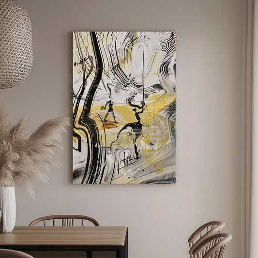 Unique abstract wall art with black lines and golden swirls in a dynamic fluid design.