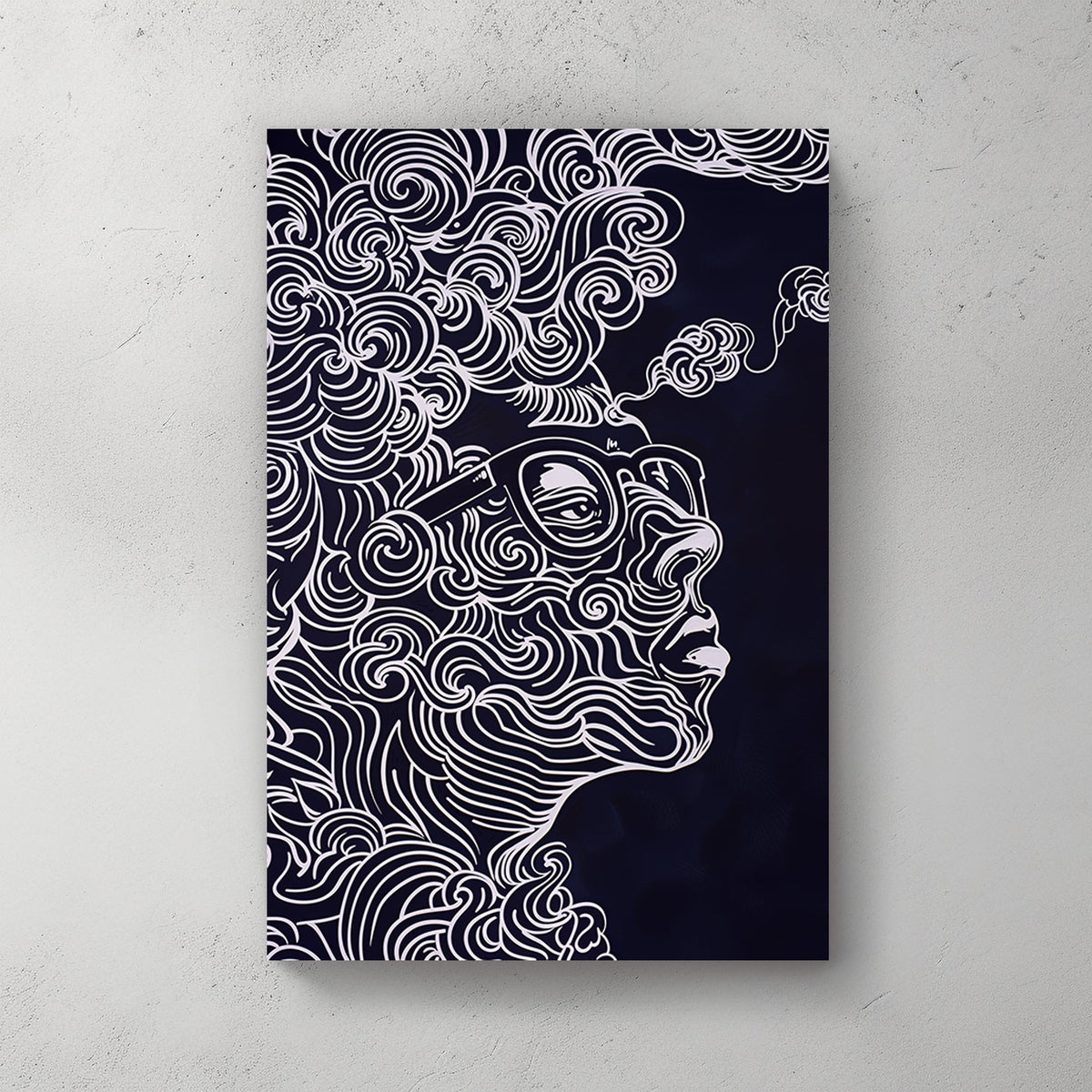 Abstract wall art of a face with swirling white lines and glasses on a dark background.