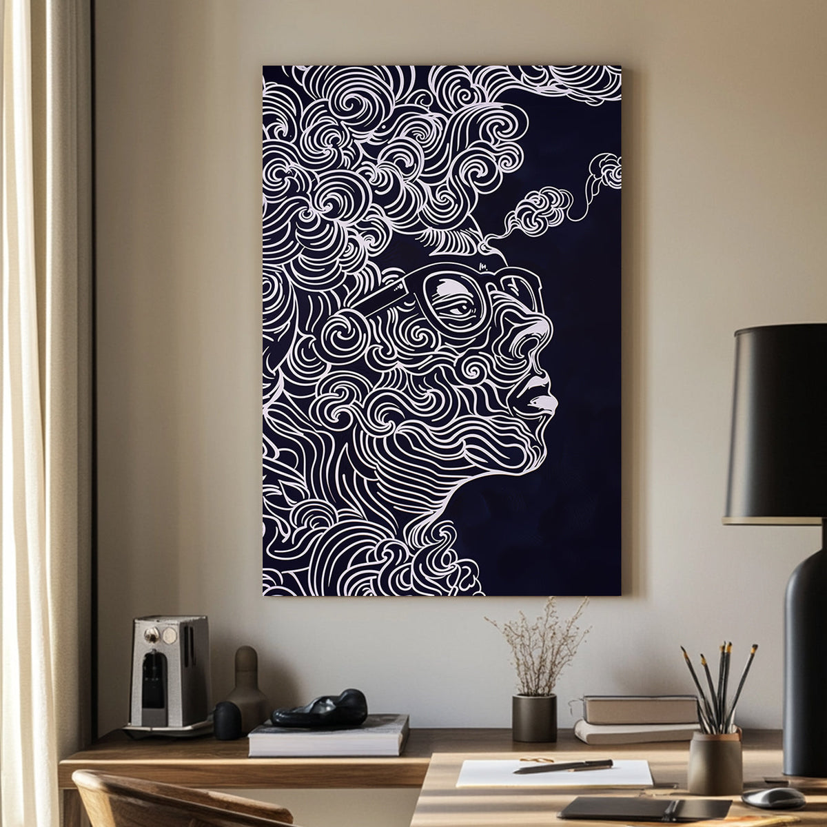 Abstract wall art of a face with swirling white lines and glasses on a dark background.