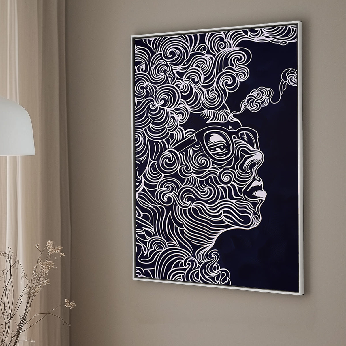 Abstract wall art of a face with swirling white lines and glasses on a dark background.