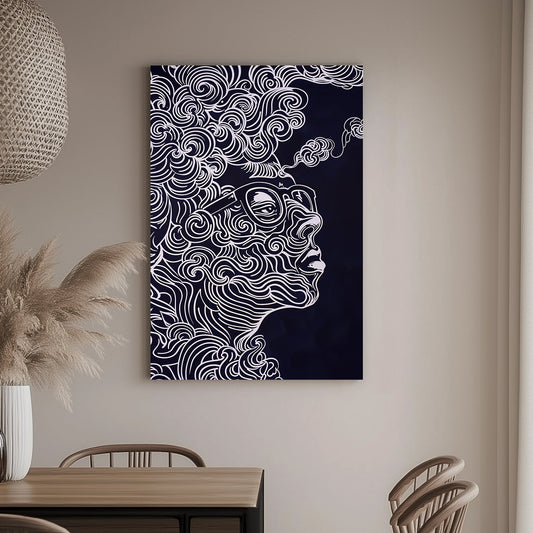 Abstract wall art of a face with swirling white lines and glasses on a dark background.