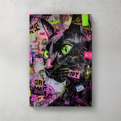 Close-up graffiti-style wall art of a black cat with neon green eyes and vibrant spray paint splashes.