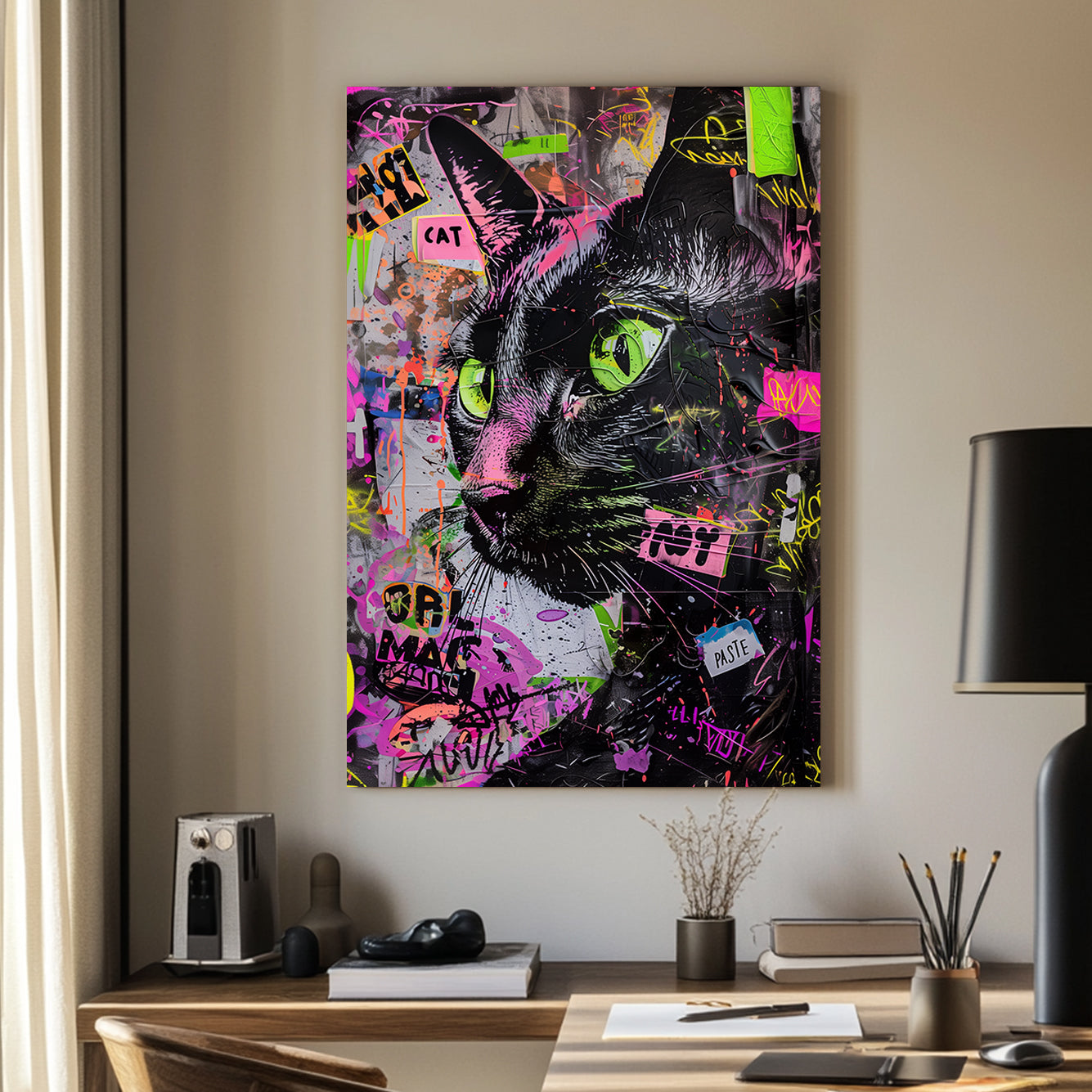 Close-up graffiti-style wall art of a black cat with neon green eyes and vibrant spray paint splashes.