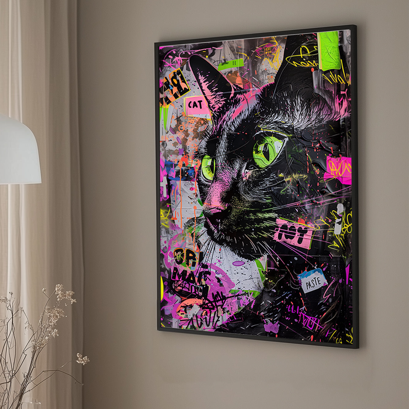 Close-up graffiti-style wall art of a black cat with neon green eyes and vibrant spray paint splashes.