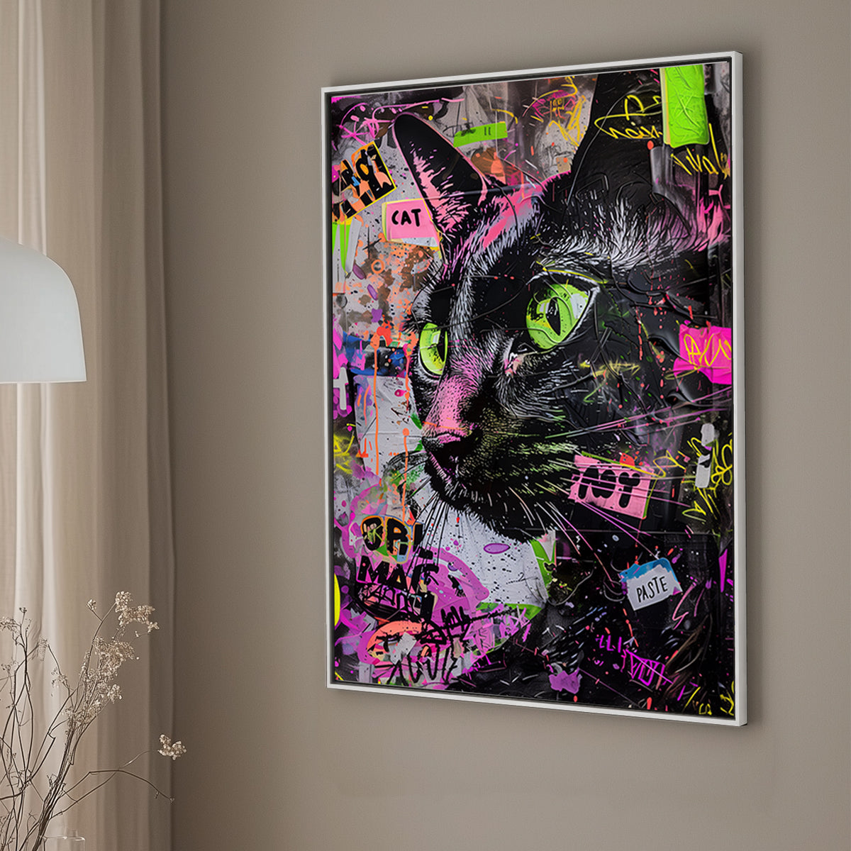Close-up graffiti-style wall art of a black cat with neon green eyes and vibrant spray paint splashes.