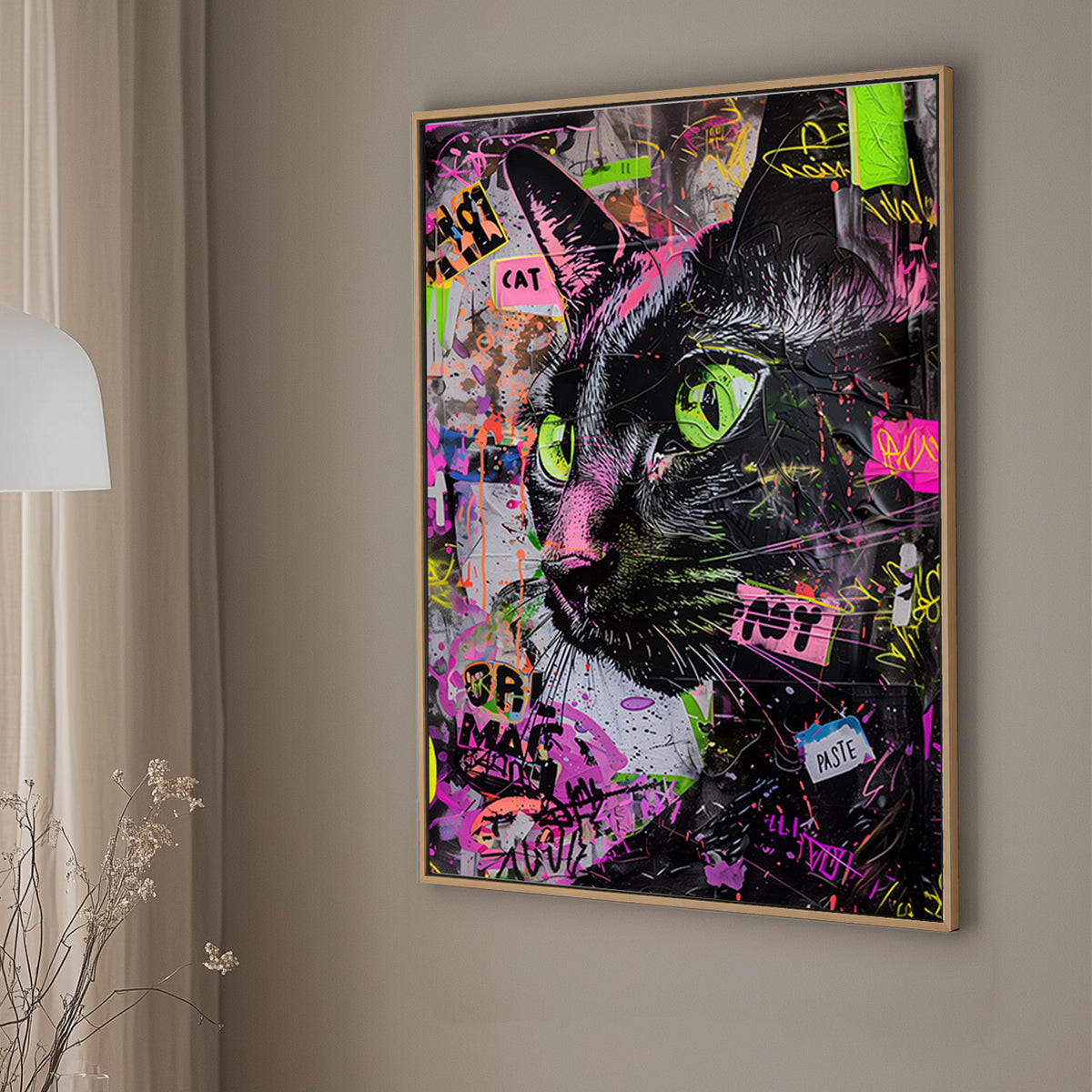 Close-up graffiti-style wall art of a black cat with neon green eyes and vibrant spray paint splashes.