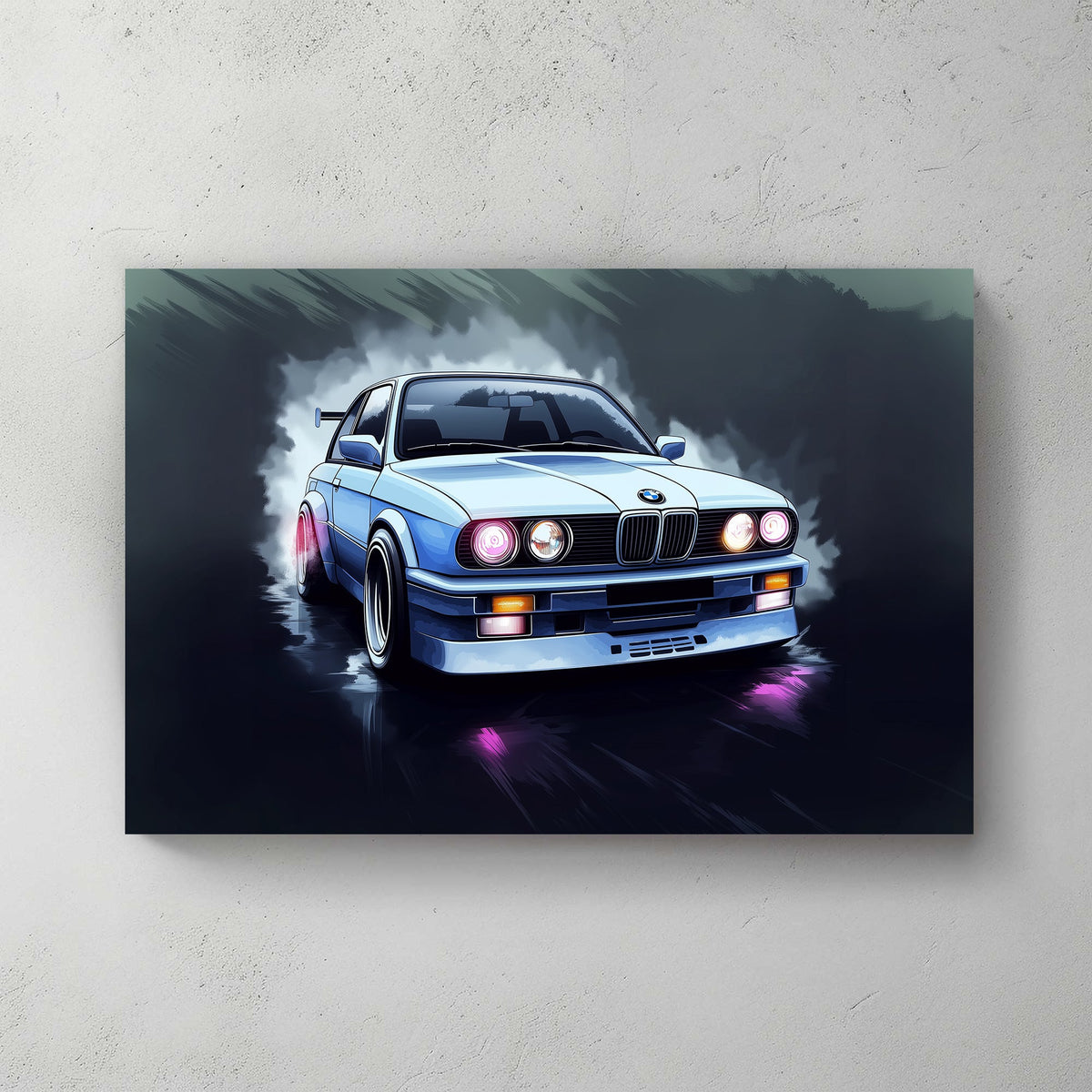 Stylized wall art print of a classic BMW car with glowing headlights and a misty backdrop.