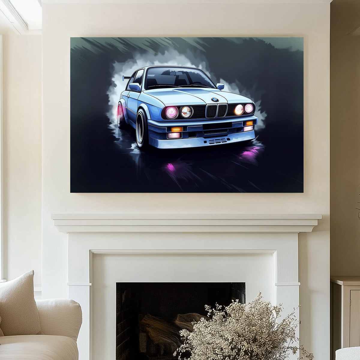 Stylized wall art print of a classic BMW car with glowing headlights and a misty backdrop.