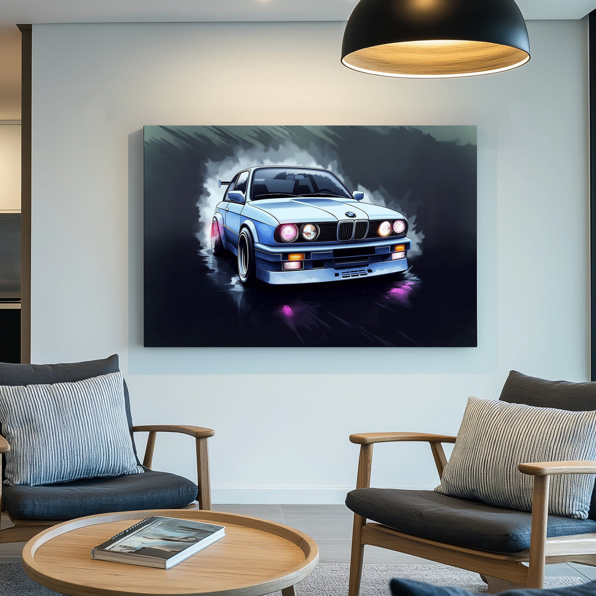 Stylized wall art print of a classic BMW car with glowing headlights and a misty backdrop.