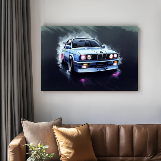 Stylized wall art print of a classic BMW car with glowing headlights and a misty backdrop.