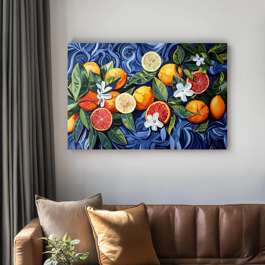 Artistic wall art print with a depiction of citrus fruits and flowers on a swirling blue background.