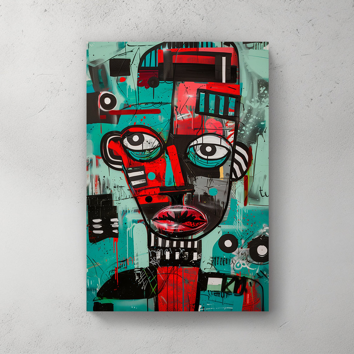 Basquiat wall art print, graffiti-style portrait featuring bold reds, teals, and black outlines.