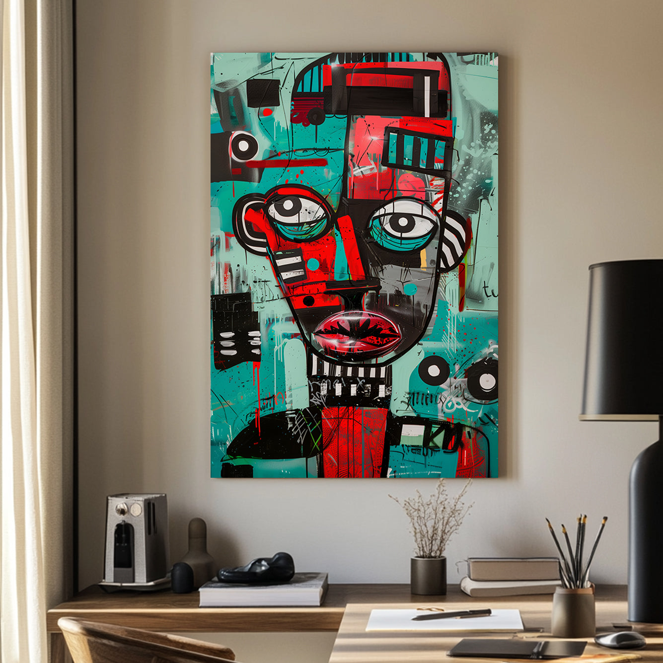 Basquiat wall art print, graffiti-style portrait featuring bold reds, teals, and black outlines.