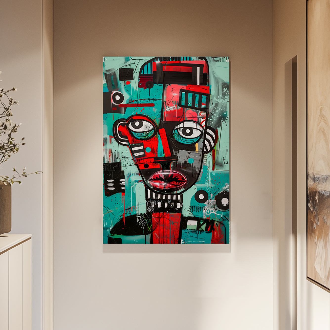 Basquiat wall art print, graffiti-style portrait featuring bold reds, teals, and black outlines.