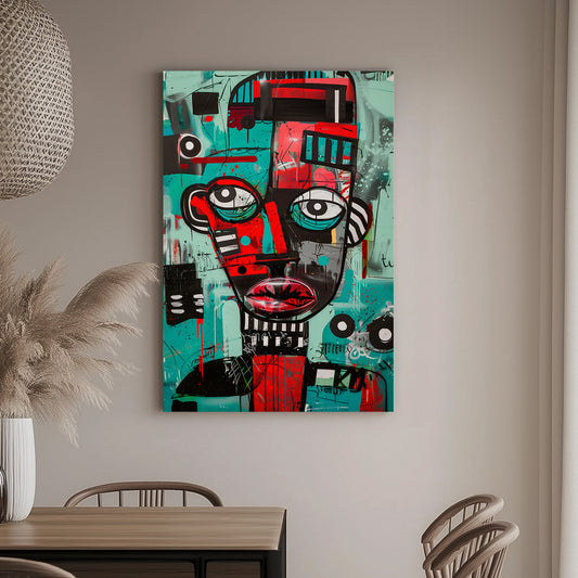 Basquiat wall art print, graffiti-style portrait featuring bold reds, teals, and black outlines.