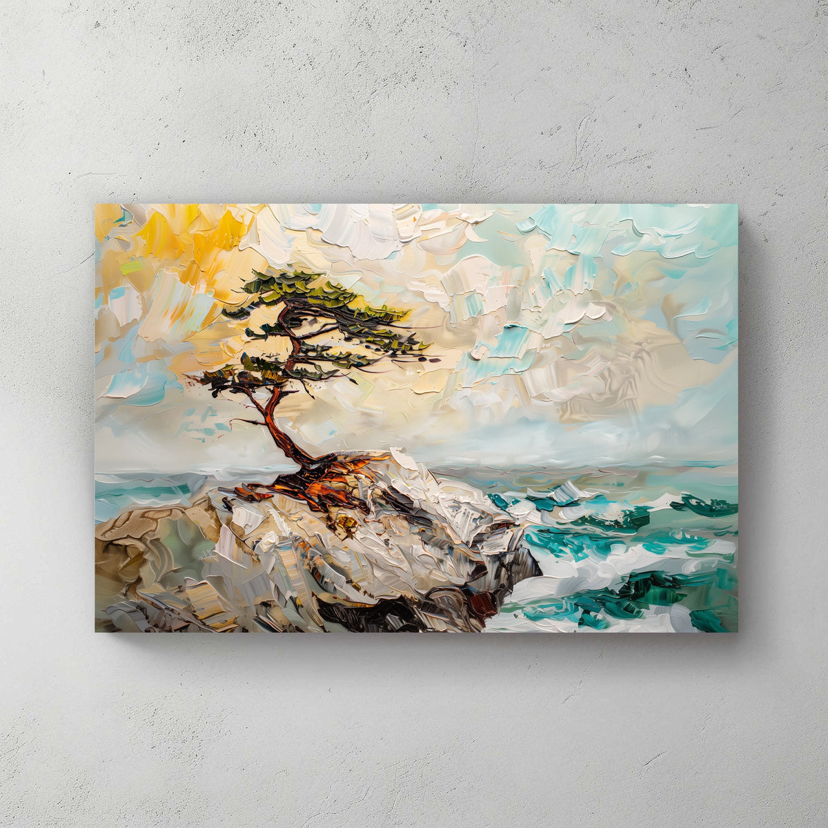 Unique nature wall art print of a windswept pine tree on rocky cliffs with teal waves and soft skies.
