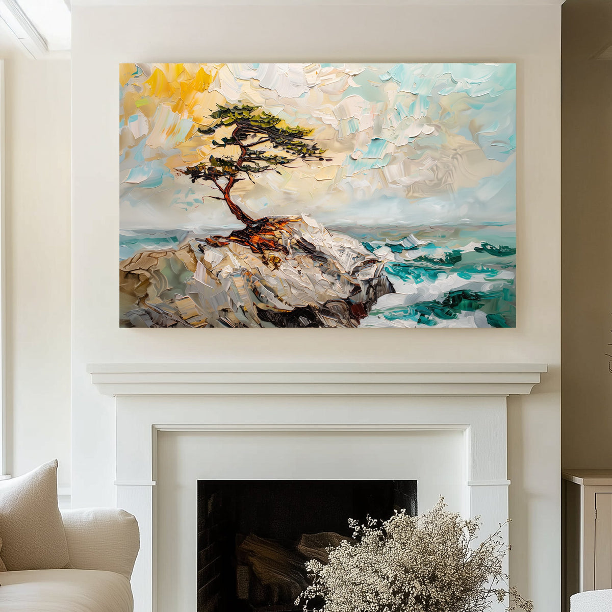 Unique nature wall art print of a windswept pine tree on rocky cliffs with teal waves and soft skies.