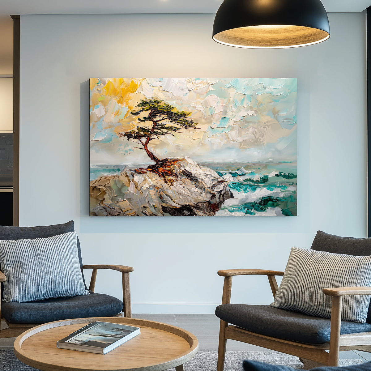 Unique nature wall art print of a windswept pine tree on rocky cliffs with teal waves and soft skies.
