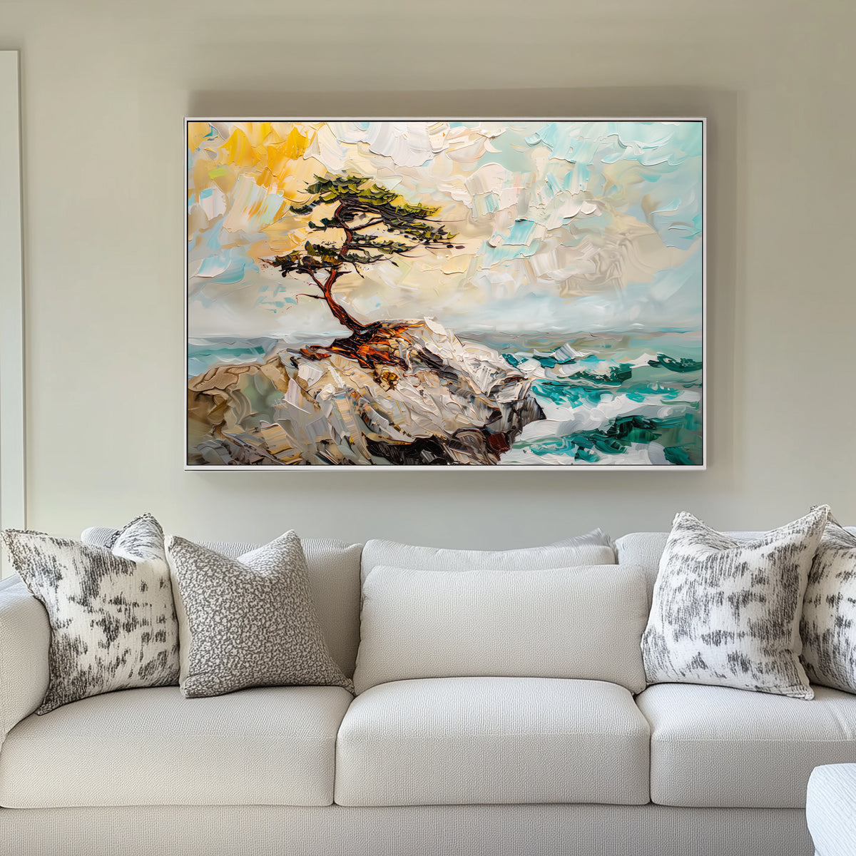 Unique nature wall art print of a windswept pine tree on rocky cliffs with teal waves and soft skies.