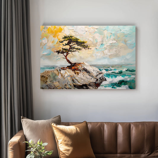 Unique nature wall art print of a windswept pine tree on rocky cliffs with teal waves and soft skies.