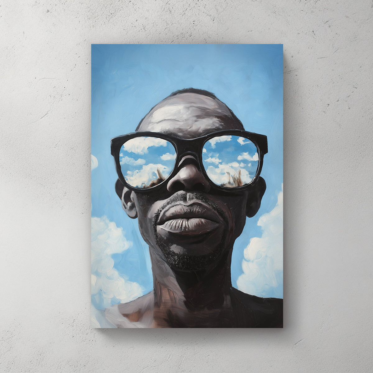 Hyper-realistic wall art print of a surrealism style of a man wearing sunglasses that reflect a vivid blue sky with clouds.