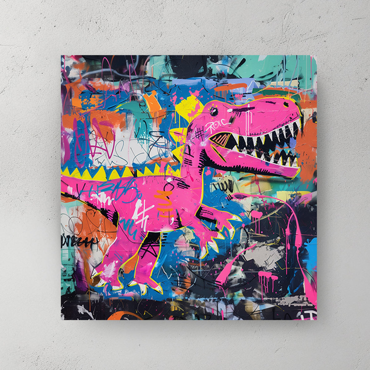 Graffiti-style wall artwork of a neon pink dinosaur against a vibrant, chaotic background of colours and tags.