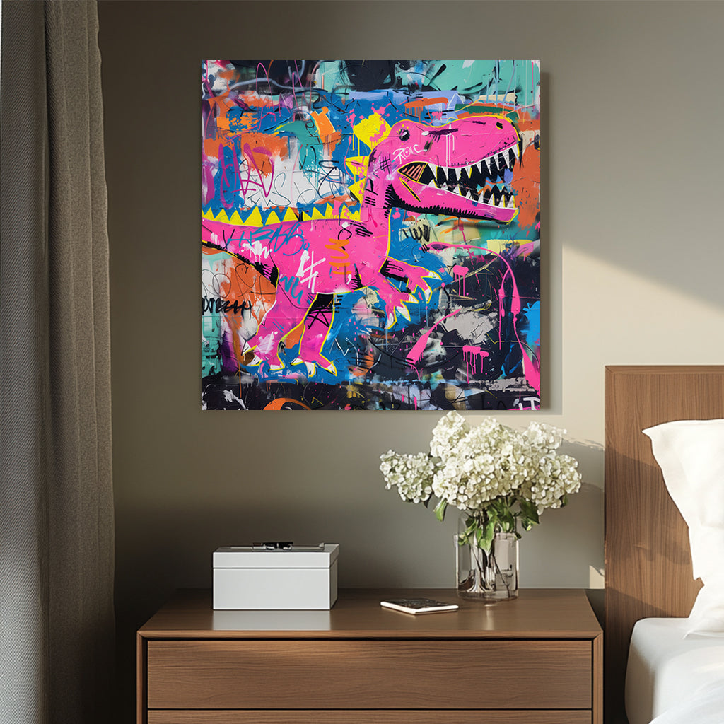 Graffiti-style wall artwork of a neon pink dinosaur against a vibrant, chaotic background of colours and tags.