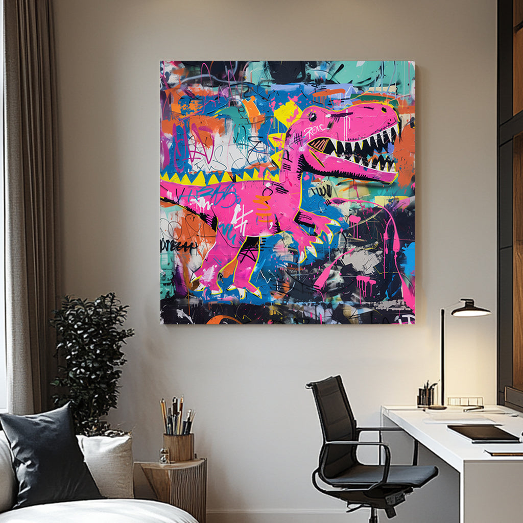Graffiti-style wall artwork of a neon pink dinosaur against a vibrant, chaotic background of colours and tags.