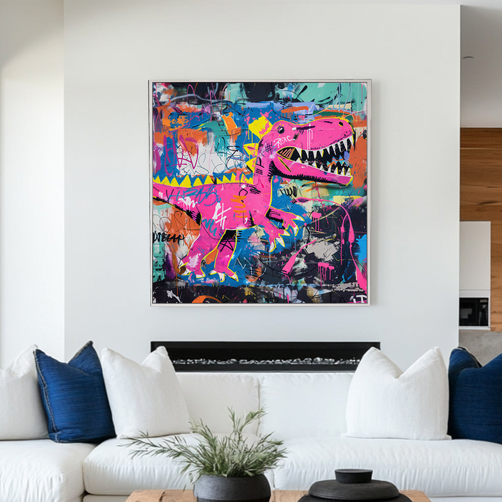 Graffiti-style wall artwork of a neon pink dinosaur against a vibrant, chaotic background of colours and tags.
