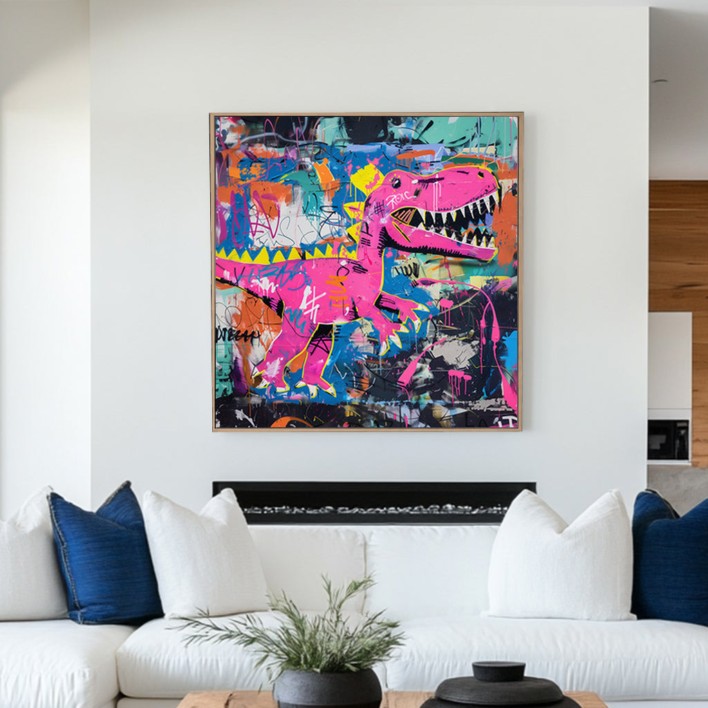 Graffiti-style wall artwork of a neon pink dinosaur against a vibrant, chaotic background of colours and tags.
