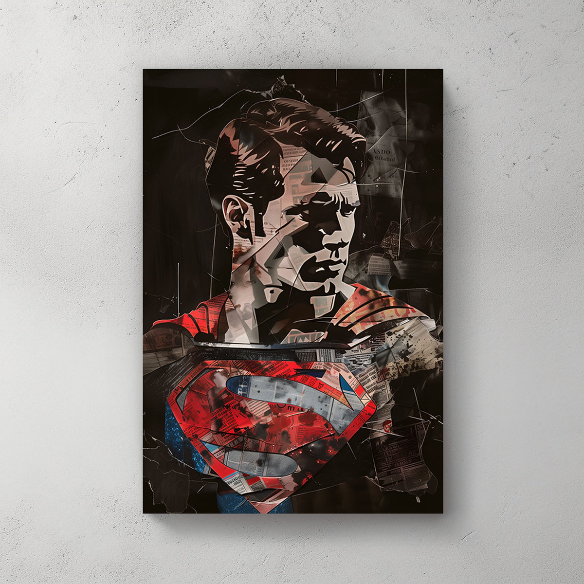 Mixed-media wall art print of a Superman with a collage of newspaper textures and bold red and blue accents.