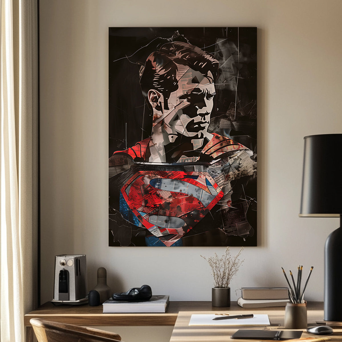 Mixed-media wall art print of a Superman with a collage of newspaper textures and bold red and blue accents.
