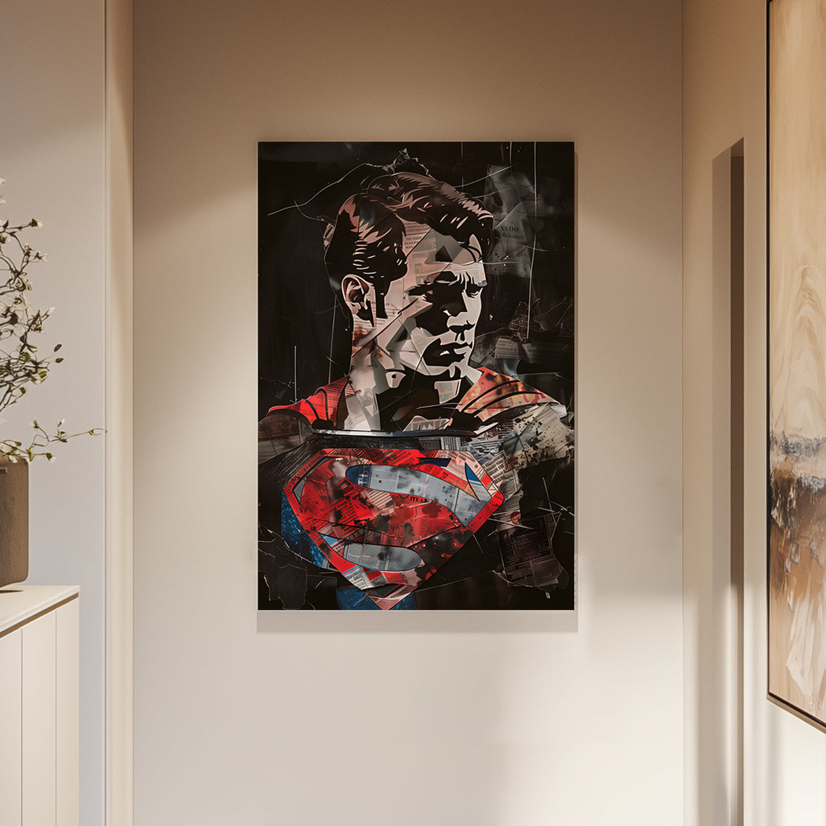 Mixed-media wall art print of a Superman with a collage of newspaper textures and bold red and blue accents.
