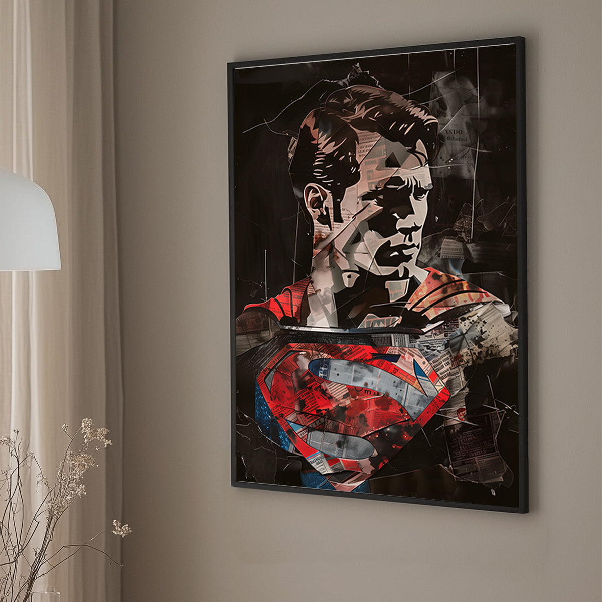 Mixed-media wall art print of a Superman with a collage of newspaper textures and bold red and blue accents.