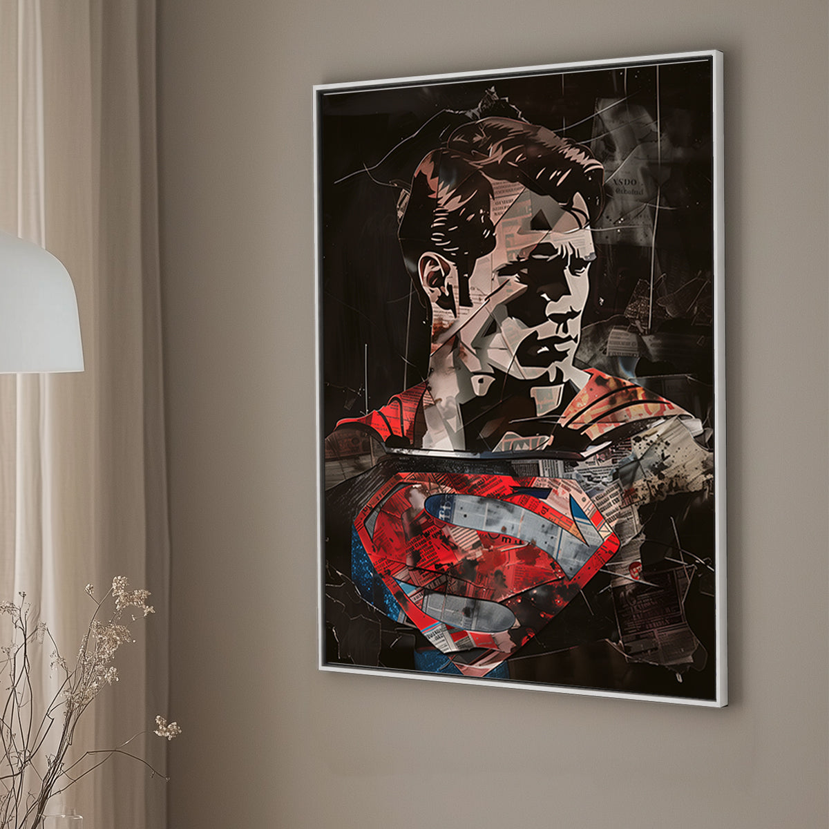 Mixed-media wall art print of a Superman with a collage of newspaper textures and bold red and blue accents.