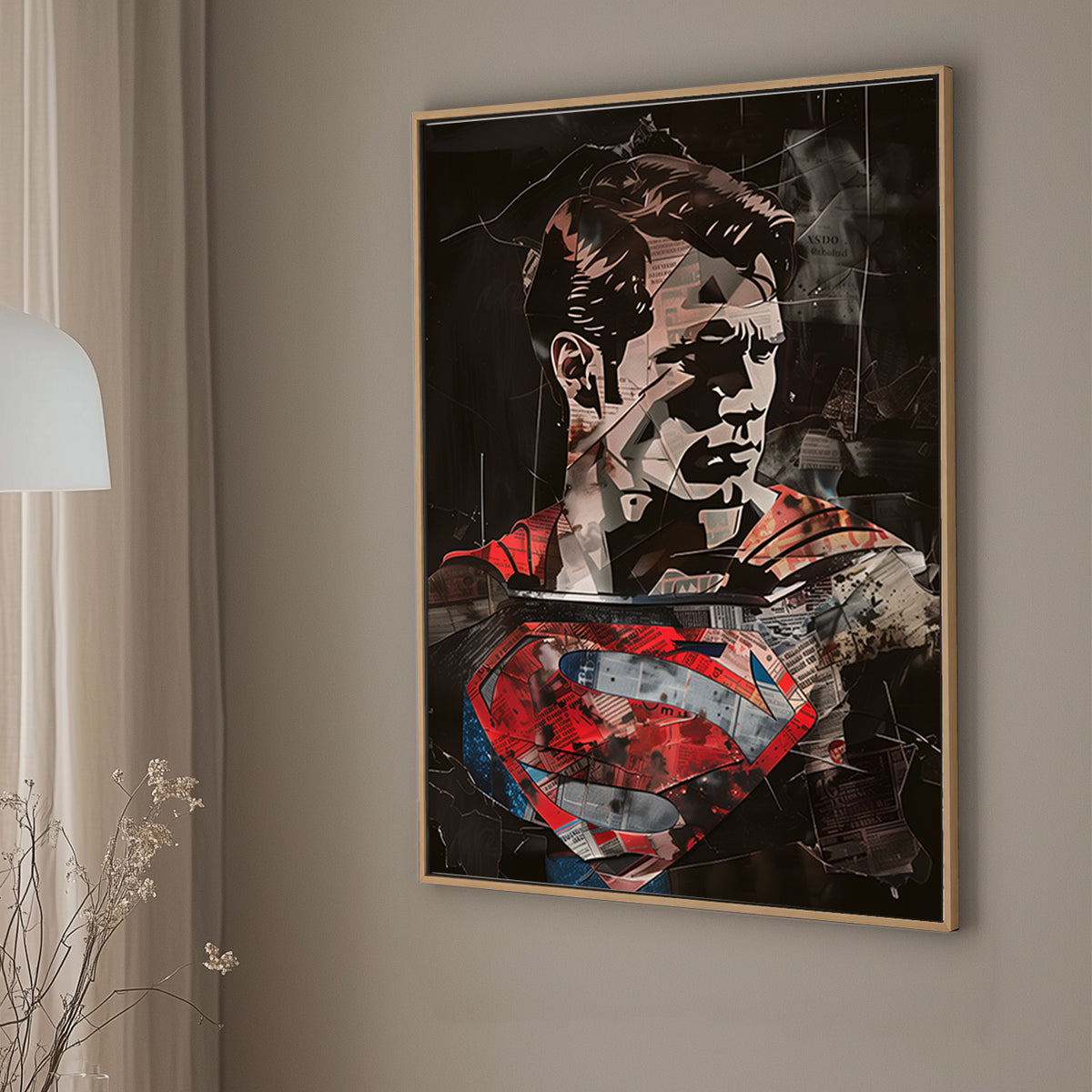 Mixed-media wall art print of a Superman with a collage of newspaper textures and bold red and blue accents.
