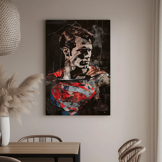 Mixed-media wall art print of a Superman with a collage of newspaper textures and bold red and blue accents.