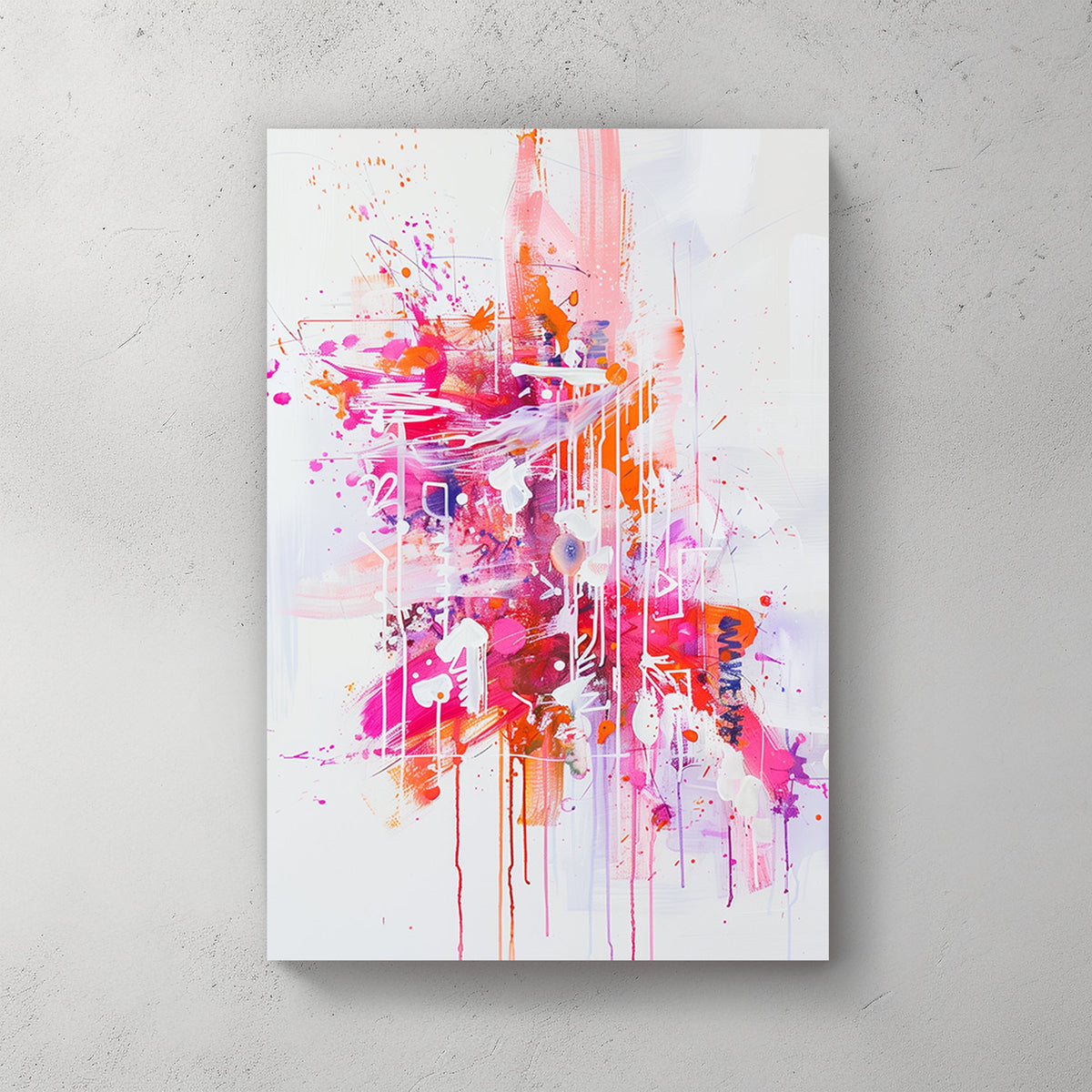 Abstract wall art featuring vivid splashes of pink, orange, and white, with dripping textures on a white canvas.