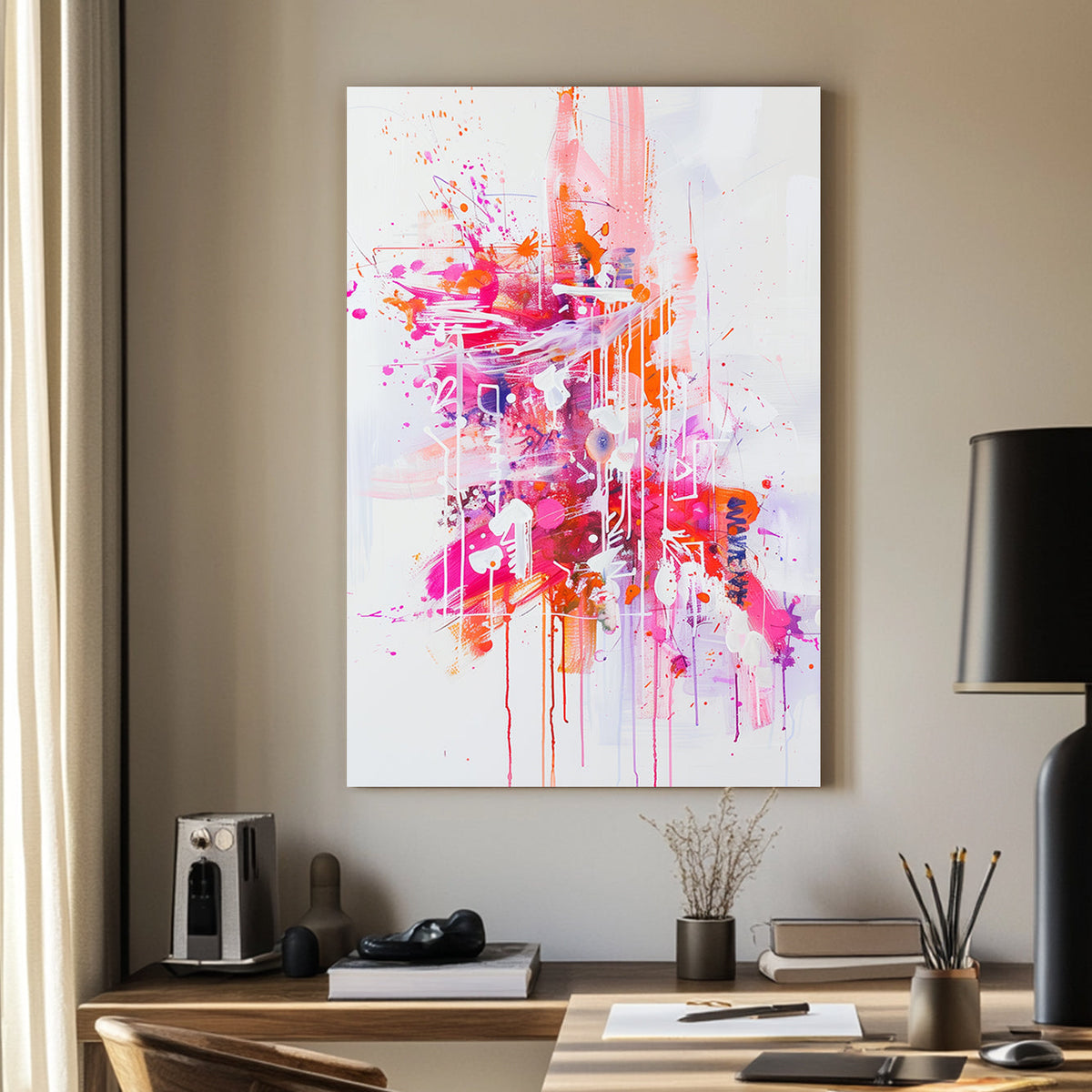 Abstract wall art featuring vivid splashes of pink, orange, and white, with dripping textures on a white canvas.