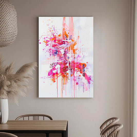 Abstract wall art featuring vivid splashes of pink, orange, and white, with dripping textures on a white canvas.