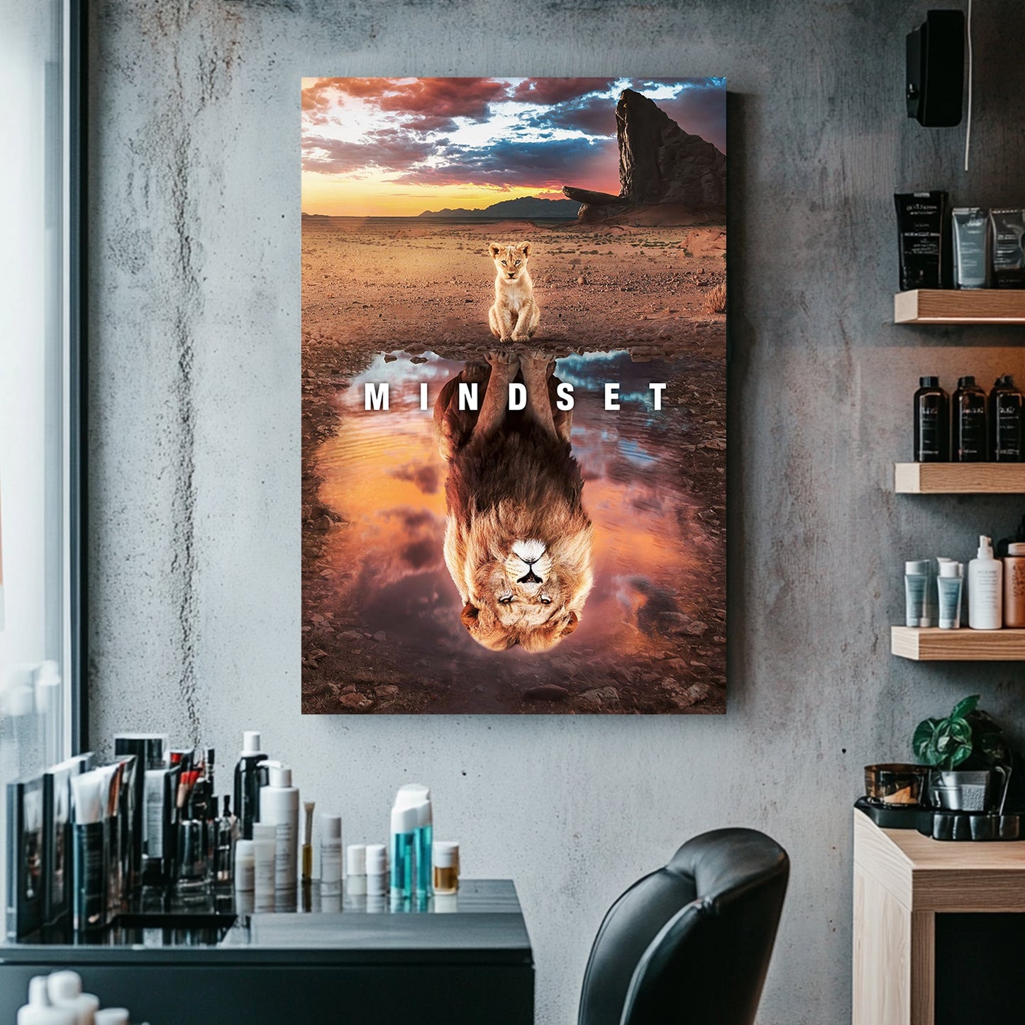 A motivational wall art print of a lion cub looking into a reflection pool, revealing a lion's image, set against a dramatic sunset and savannah landscape.