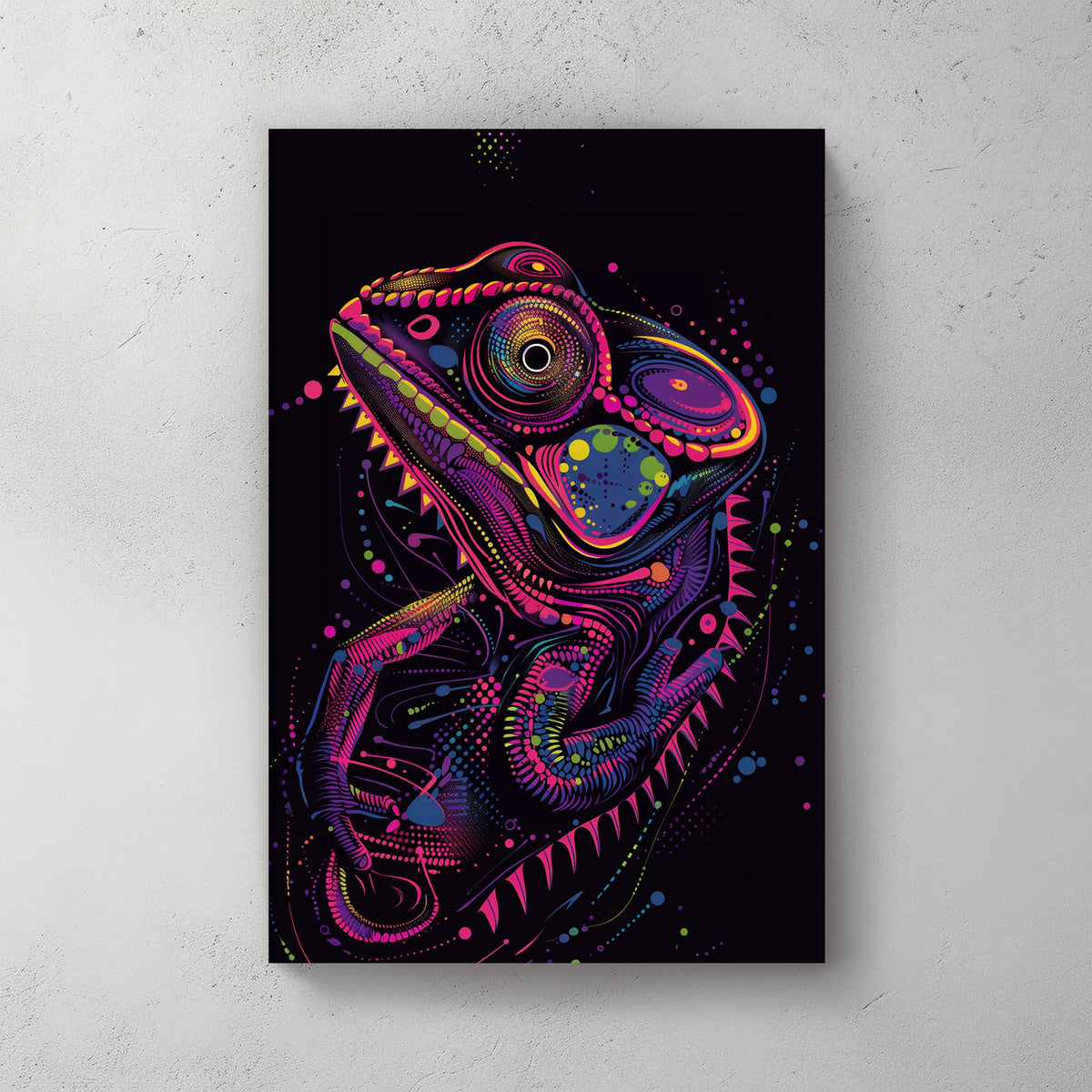 Vibrant pop art style chameleon in neon colors, with intricate patterns and psychedelic design, perfect for modern decor.
