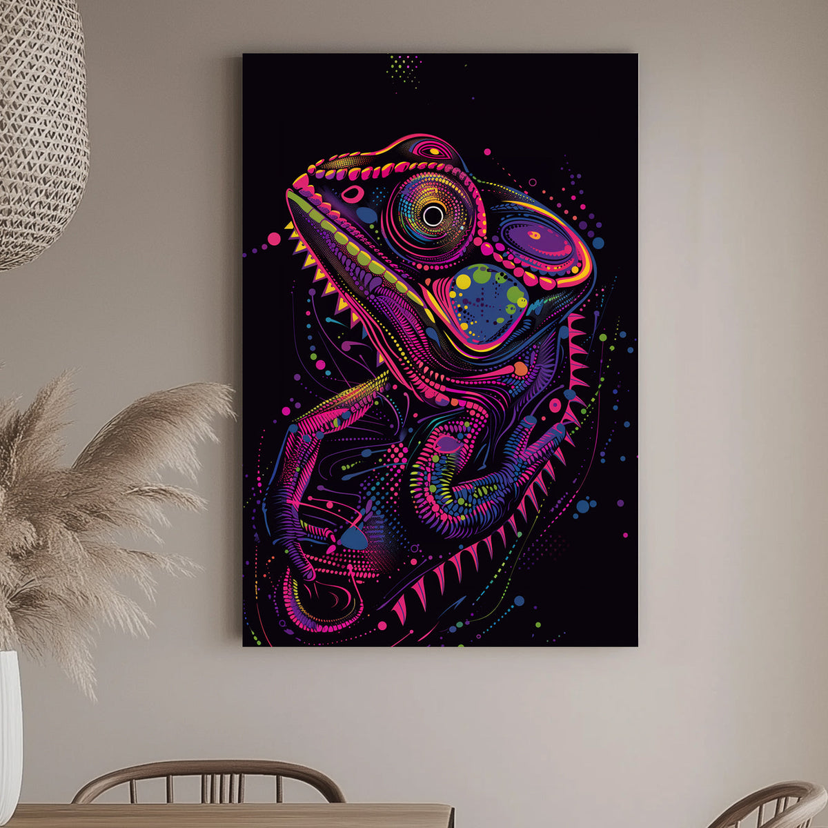 Vibrant pop art style chameleon in neon colors, with intricate patterns and psychedelic design, perfect for modern decor.