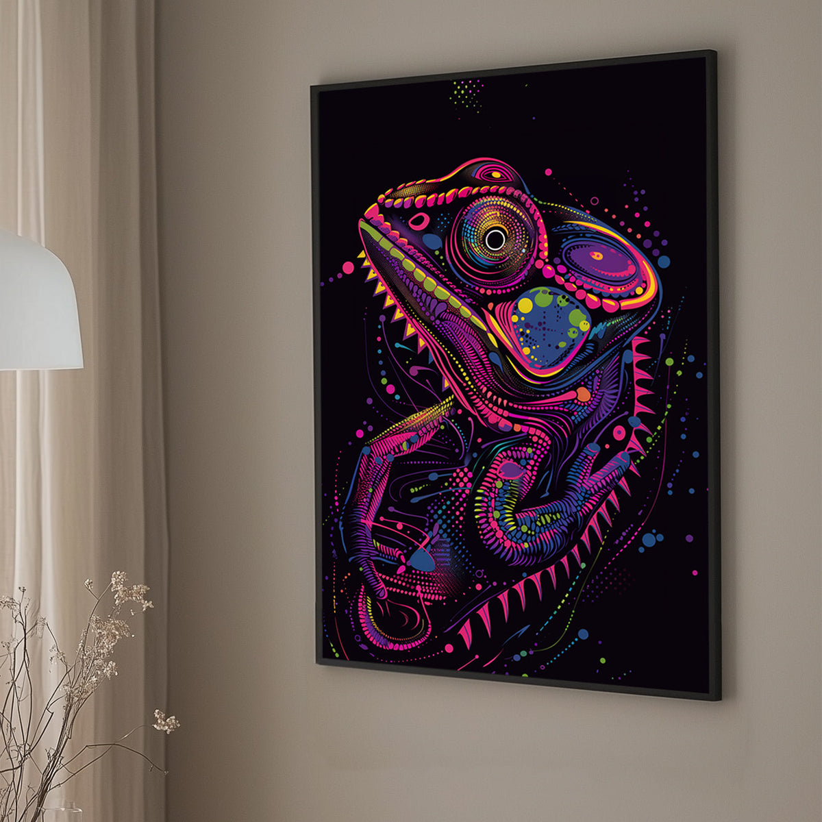 Vibrant pop art style chameleon in neon colors, with intricate patterns and psychedelic design, perfect for modern decor.