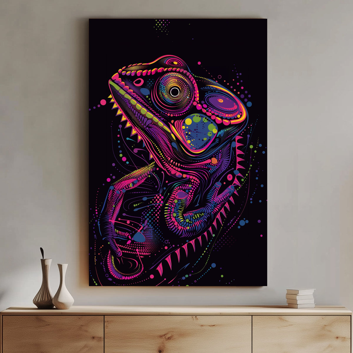 Vibrant pop art style chameleon in neon colors, with intricate patterns and psychedelic design, perfect for modern decor.