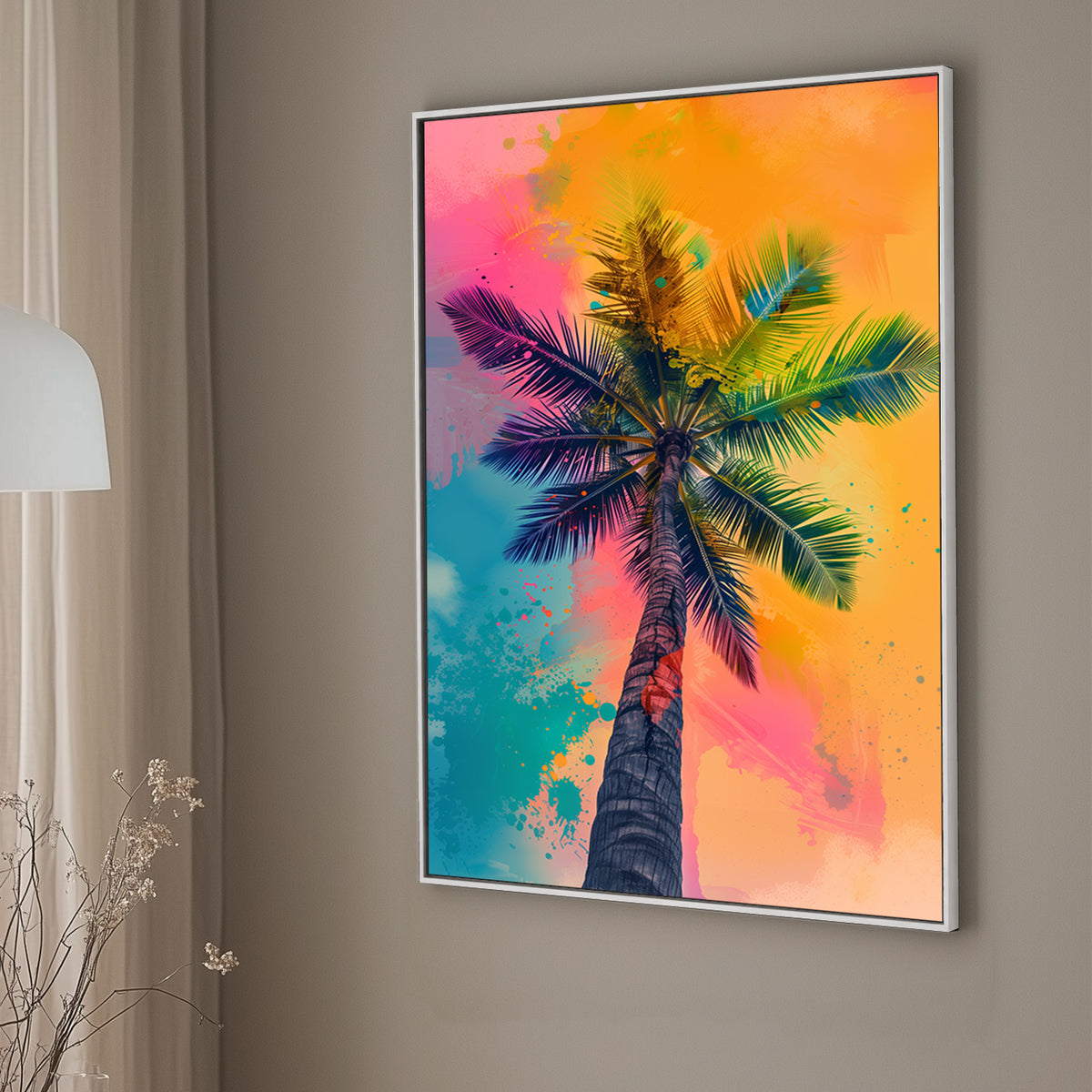 Colorful wall art print of a palm tree with a vivid, abstract background in tropical sunset colors, ideal for adding a warm, inviting touch to any room.