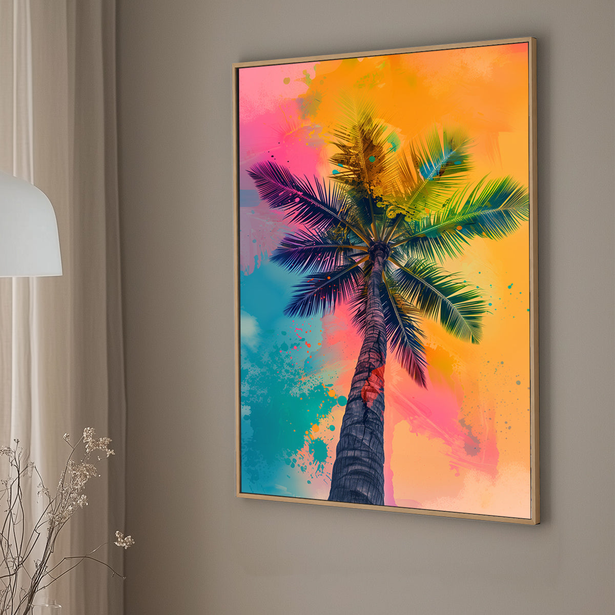 Colorful wall art print of a palm tree with a vivid, abstract background in tropical sunset colors, ideal for adding a warm, inviting touch to any room.